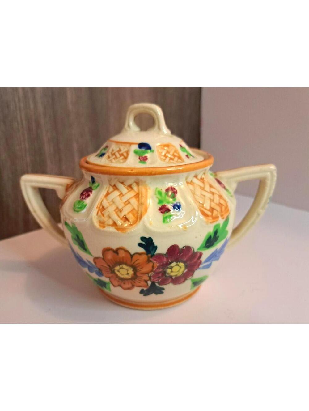Vintage Japanese Porcelain Hand-Painted Sugar Bowl with Woven Basket Pattern